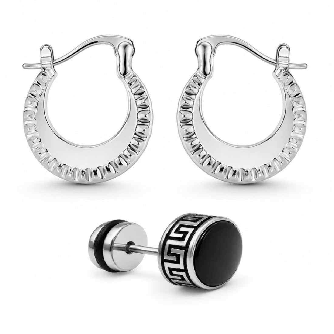 adhvik Combo of Men Silver Round Black & Silver Chand Bali Ear Earrings, Modern Style, Comfortable Everyday Wear-picture-25