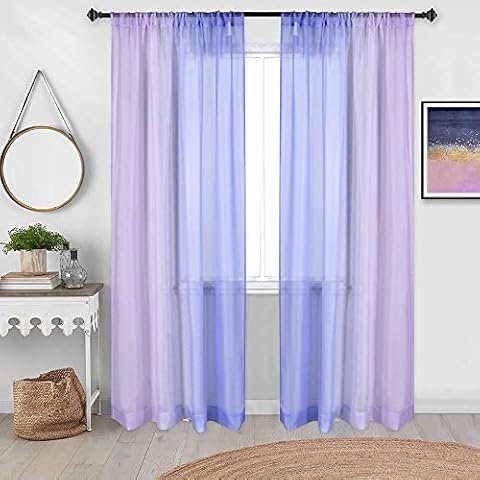 DECOVSUN Purple Blue Sheer Curtains for Bedroom Extra Length Mermaid Cartoon Pattern Sheer Short Voile Drapes and Curtains for Girls Room Living Room Wedding Party Birthday Backdrop Set of 2 52X108 Cover