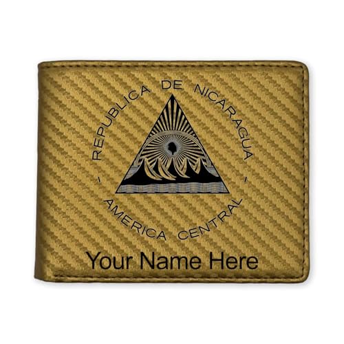 LaserGram Faux Leather Bi-Fold Wallet, Flag of Nicaragua, Personalized Engraving Included (Carbon Fiber Gold)