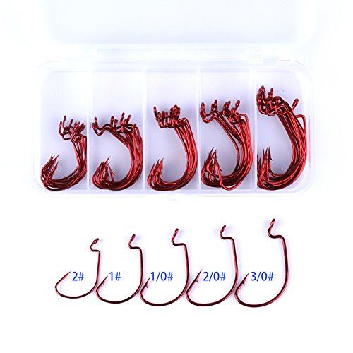 50Pcs Red Hooks Carbon Steel Crank Soft Bait Fish Hook with Storage Box