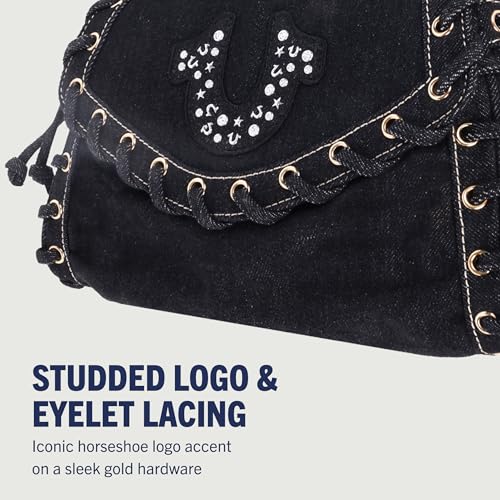 True Religion Studded Horseshoe Eyelet Denim Flap Bag, Crossbody Shoulder Handbag, Black3