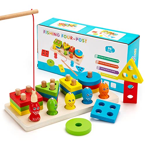Wisplye Jouets Montessori, Jouet en Bois à Empiler et de Tri, Jeu de Pêche Magnétique pour Les Bébés Garçons, Géométriques Puzzles à Trier Les Formes pour Les Tout-Petits de 1 2 3 Ans Cover