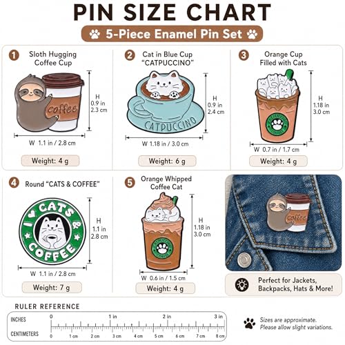 Image of 5Pcs Cute Coffee Cat Sloth Enamel Pin Set Cartoon Animal Coffee Cup Brooch Badges, Funny Lapel Pins for Backpacks, Jackets, Bags, Coffee Lover Gift