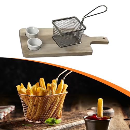 Cesta para mojar patatas fritas, tabla de servir de madera y vasos de condimentos Style B 6
