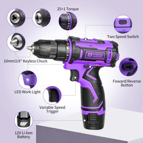 Image of Purple 12V Cordless Drill,Electric Power Driver Kit,3 /8-Inch Keyless Chuck, Variable Speed,with Drills Bits Set for Home DIY