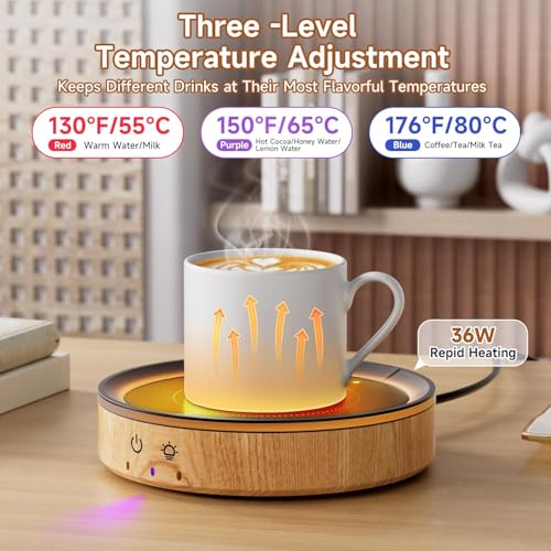 Image of Mug Warmer, 3 Temperature Settings, Auto Shut Off (2-12H), Max 176F, 36W Cup Warmer Design with Ambient Light,Ideal Gift for Home & Office (Wood Grain)