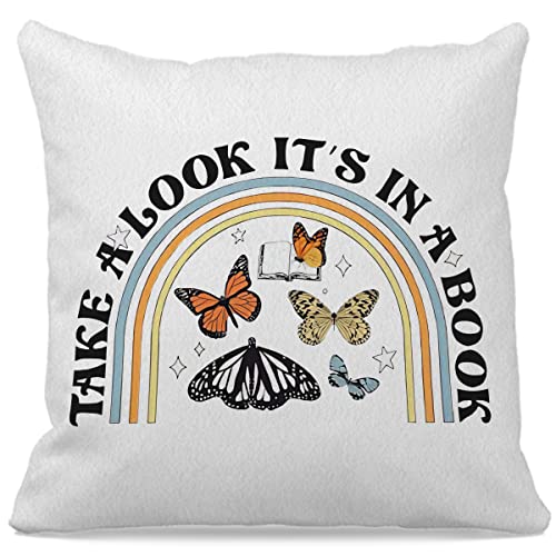 Boho Rainbow Butterfly Take A Look It's In A Book Pillow Case 18″×18″,Lovely Reading Suggestion Decorative Cushion Cover For College Dorm Library Home Living Room Bedroom,Gifts For Book Lovers Teens #TOP12