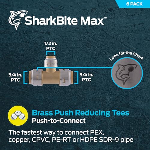 Image of SharkBite Max 3 /4 Inch x 3 /4 Inch x 1 /2 Inch Reducing Tee, Pack of 6, Push To Connect Brass Plumbing Fitting, PEX Pipe, Copper, CPVC, PE-RT, HDPE, UR412
