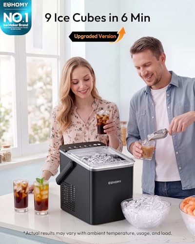 EUHOMY Machine à glaçons avec poignée, 26.5 lbs/24H Machine à glace portable avec scoop à glace & Panier, fabrication de glace rapide de 6 à 10 minutes, 2 Taille de glace, Idéal pour la maison, Cuisine, RV, Parti