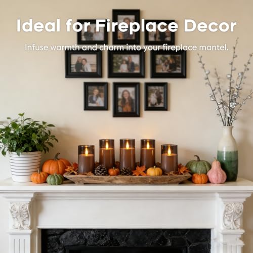 Image of Fo32won Grey LED Flameless Pillar Candles Battery Operated with Remote Timer, 5 Pack 3D Flickering Acrylic Candles for Home Living Room Bedroom Fireplace Wedding Party Holiday Decor & Gift