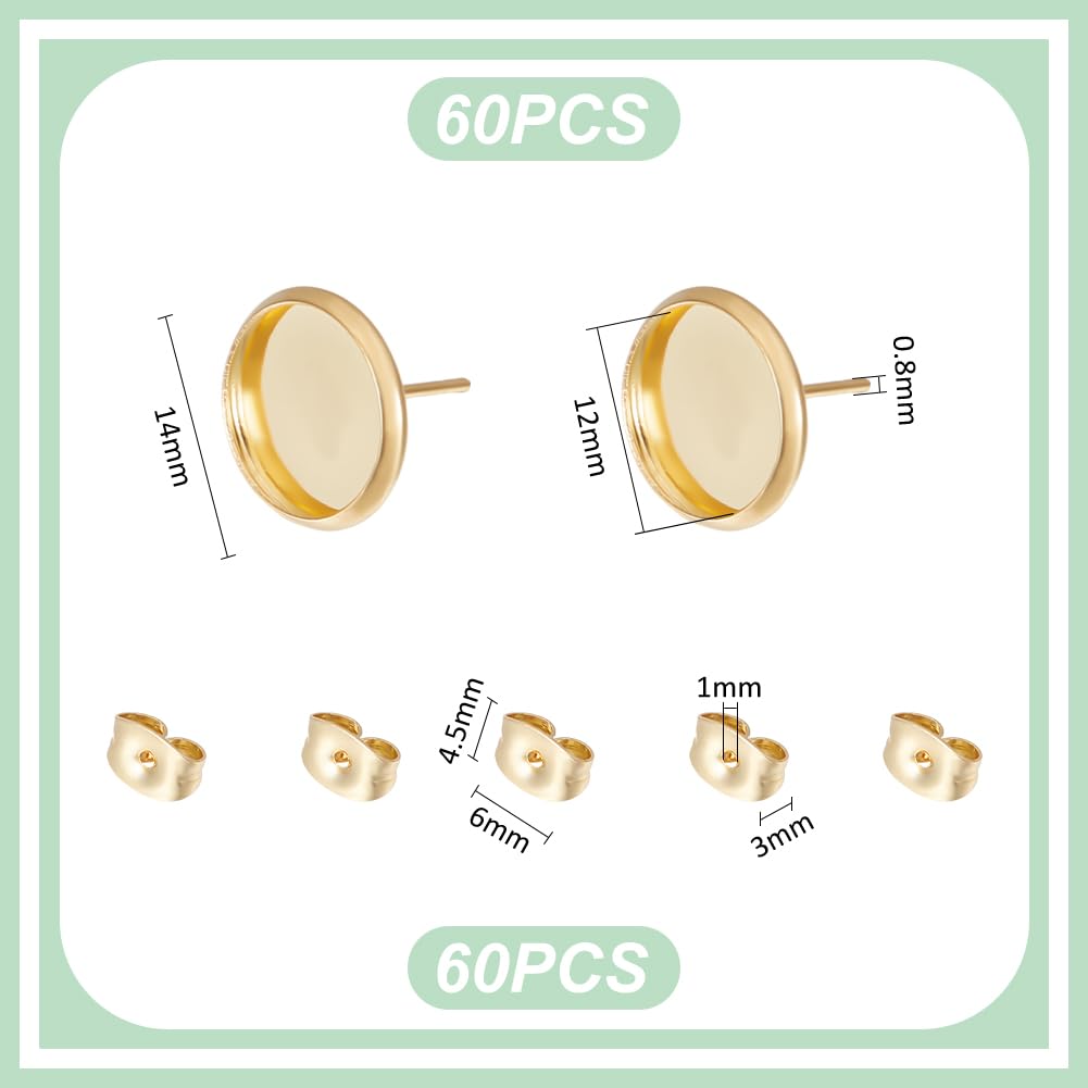 UNICRAFTALE Circa 60pz 18K Placcato Oro Grezzi Orecchini A Perno Cabochon Rotondi Orecchini Castoni Vassoi Perno In Acciaio Inossidabile Risultati A Tazza con Anello e Retro Dell'Orecchino per DIY