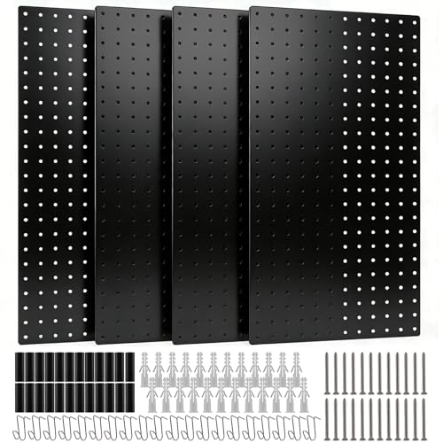 Image of DEWEL Peg Board, 23 inch x 12 inch Metal Pegboard Wall Organizer Kit, 4 Pack Pegboard Panels with 20 Hooks,Black Pegboard Tool Wall Organizer System for Garage and Garden(4pcs black)