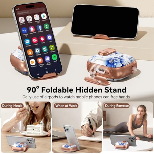 Image of for AirPod 4 Case, with Safty Lock & Phone Stand for Floral AirPod 4 Generation Case Cover for Women Girly, iPod 4 Cases with Keychain & Cleaner Kit -Blue +White Porcelain