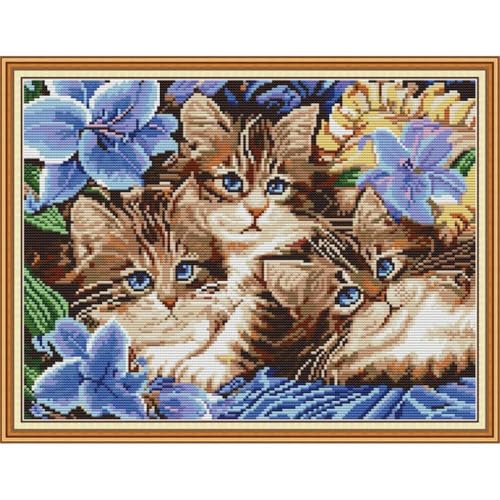 Image of JOYSEWING Cats and Flowers Stamped kit Cross Stitch kit Classic Series Embroidery Starter for Beginners DIY Craft kit Home Decor DMC 11CT-Printed(The Three Litten Kittens (11CT) 19.69 x15.35 Inches)