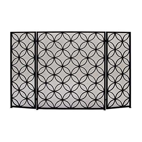 Pantalla Protectora para Chimenea con 3 Paneles Planos, Valla de Malla Plegable para Chimenea de Hierro Forjado Macizo