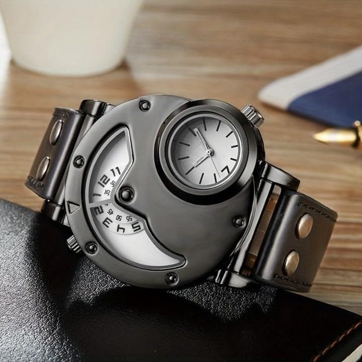 Image of Men's Dual Time Zone Sports Watch - Quartz Analog Wristwatch with PU Leather Strap & Stylish Design