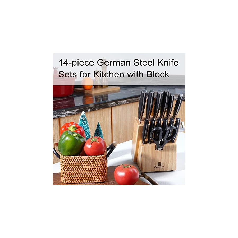 Hanmaster Knife Set, 14 Pieces German Steel Knife Sets for Kitchen with Block, Kitchen Scissors, Sharp Kitchen Knife Set for Home and Restaurants, Classic Elegant Black