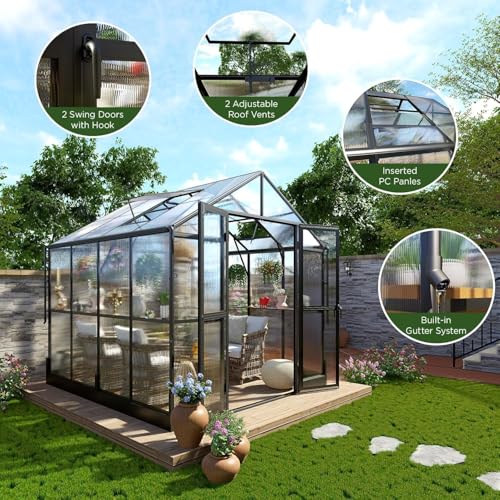 HOWE-8x8x75-FT-Polycarbonate-Greenhouse-Double-Swing-Doors-2-Vents-52FT-Added-Wall-Height-Walk-in-Large-Aluminum-Greenhouse-Winter-Sunroom-Greenhouse-for-Outdoors-Black HOWE 8x8x75 FT Polycarbonate Greenhouse Double Swing Doors 2 Vents 52FT Added Wall Height Walk in Large Aluminum Greenhouse Winter Sunroom Greenhouse for Outdoors Black