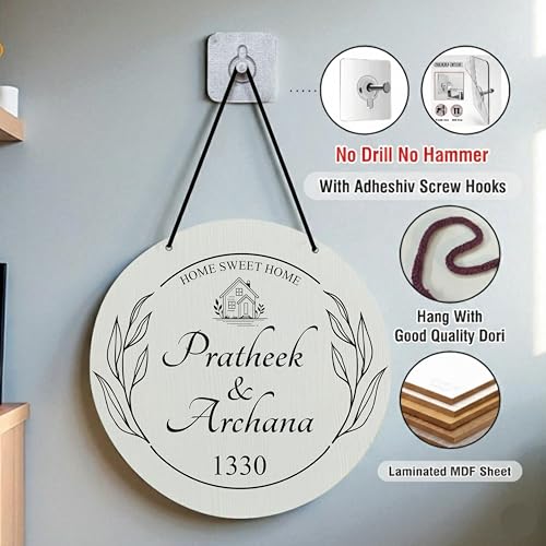 Image of P Arts Personalized Door Name Plate for Home Entrance Round Shaped 10x10 Inch Name plate for home entrance, Door name plates MDF Wood, Black & White (Engraved-03)