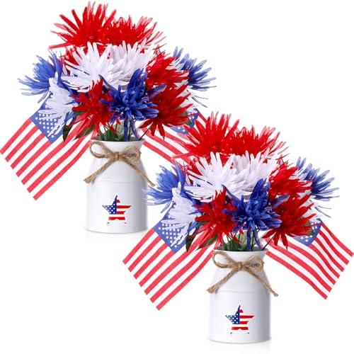 Gandeer 6 Pcs Patriotic Table Centerpiece Decoration Memorial Day Decor 250 Anniversary USA Patriotic Vase with Red White Blue Artificial Flower Mini American Flag for 4th of July (Chrysanthemum)