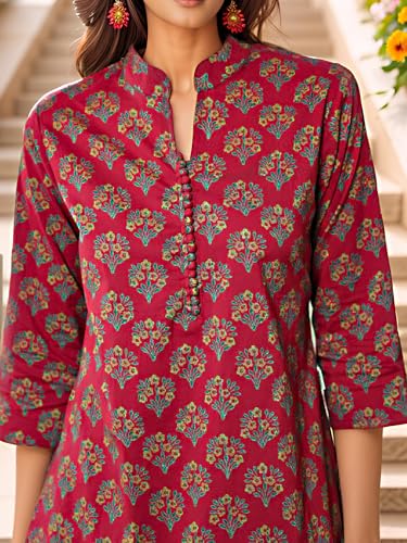 Image of NAINVISH Women's Floral Rayon Blend Co-ord Set | Straight Mandarin Collar Full Sleeve Top & Pant | Elegant Maroon, Blue Style | Ideal for Casual, Lunch, Evening Outings | Ladies Matching Outfit