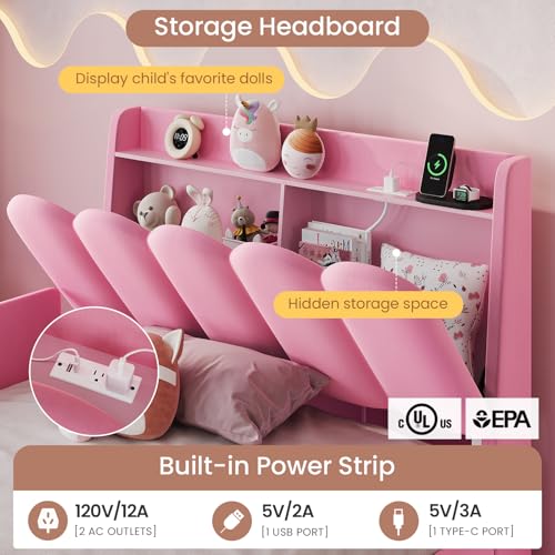 Image of DICTAC Twin Size Princess Bed Frame with Storage Drawer and Safety Guardrails, LED Velvet Upholstered Platform Bed for Girls with Wavy Storage Headboard,Charging Station,Heavy Duty Metal Support, Pink
