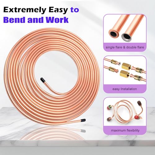 Image of 1 /4 inch 25 ft Brake Line Tubing Kit Copper Coated Flexible Line Tube for hydraulic brakes Fuel Transmission System(with 16 Inverted Flare Fittings)