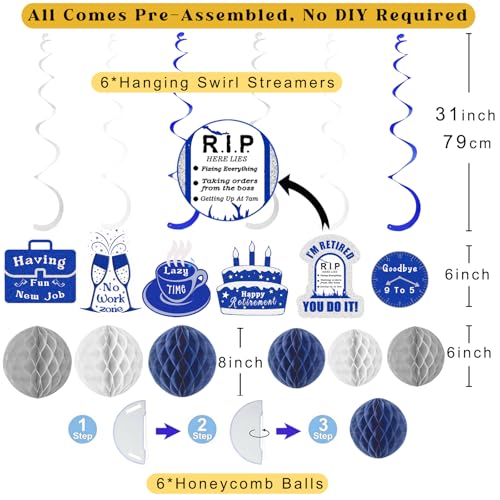 Image of Navy Blue Retirement Party Decorations, Pre-Strung Happy Retirements Banner with Honeycomb Balls, Hanging Swirls, Circle Dots Garland for Happy Retirement Decorations 21pcs