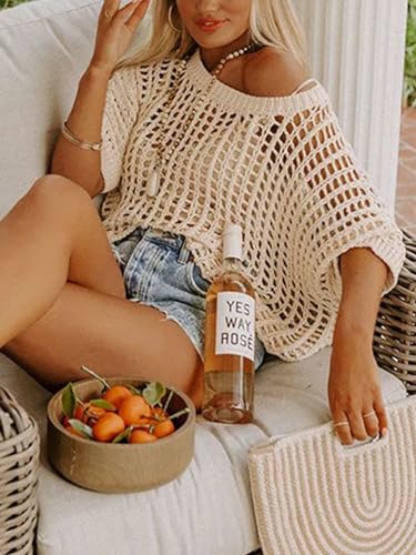 Chvity Women's Summer Crew Neck Short Sleeve Sweater Casual Off Shoulder Tops Hollow Out Crochet Coverups Pullover Knit Tops2