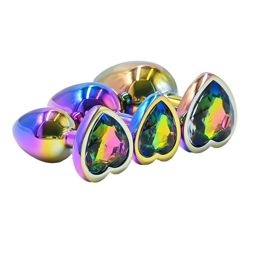 BeHorny Butt Rainbow Metal Anal Plug Set (3 Sizes) with Heart-Shaped Gem Base
