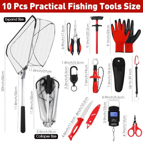 Image of RoundFunny 10 Pcs Fishing Tool Kit, Fishing Pliers with Lanyard and Protective Sheaths, Landing Net, Fillet Knife, Fish Scale, Gripper, Hook Remover, Braid Scissors, Gloves for Men Dad Gift