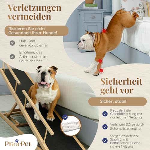 Hunderampe Bett PRIORPET aus Birkenholz mit Sicherheitsgeländer - Höhenverstellbare hundetreppe für Betten bis zu 94.5cm - Klappbar - Anti-Rutsch-Griff - Für kleine Hunde bis zu 23kg - Naturel