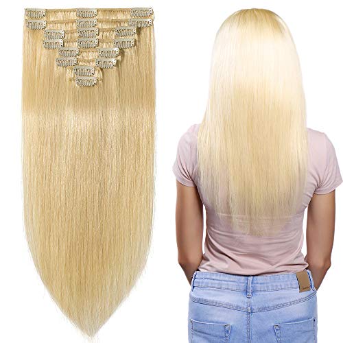 18 inch 100g Clip in Remy Human Hair Extensions Full Head 8 Pieces Set Long length Straight Very Soft Style Real Silky for Beauty #613 Bleach Blonde