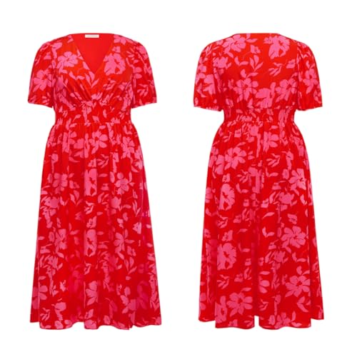 Image of Pinup Fashion Plus Size Wedding Guest Chiffon Semi Formal Maxi Dress | Chiffon, V-neckline, short sleeves, shirred waist, textured floral pattern, maxi length, versatile for all seasons