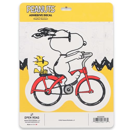 Image of Peanuts Snoopy and Woodstock Biking Adhesive Vinyl Decal - Fun Snoopy Sticker for Car, Window or Laptop