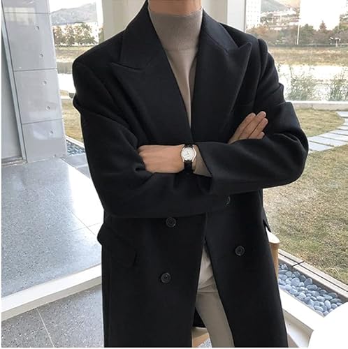 Casaco masculino com abotoamento duplo gola de lapela macia para negócios inverno (Color : Black, Si