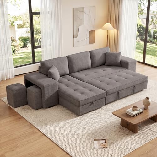 Eafurn 104.5" Reversible Sleeper Sectional Sofa Bed, Tufted L Shaped Convertible Pull Out Sectional Sofa Bed with Storage Chaise Lounge and 2 Stools for Living Room Apartment