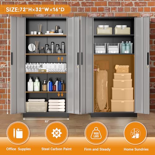 Image of Greenvelly Metal Storage Cabinet, Locking Steel Garage Cabinets with Doors and Adjustable Shelves, Metal Tool Cabinets for Garage,Home Office,School (Black Grey)