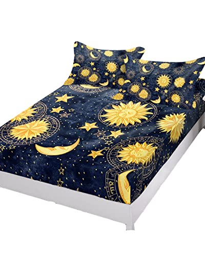 Litter Star 230523CNPLTYUHJNEWDSLEX00070SJQDGLA Queen Fitted Sheets,Boho Golden Sun Moon Soft Microfiber Brushed Sheet & Pillowcase Sets,Bohemian Hippie Art Comfort Fitted Bed Sheets,Starry Sky Non Slip Bed Sheets Cover Up Fits Mattress thumb #2
