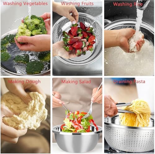 Image of 2 Pcs Stainless Steel Colander Bowl Set, Drainer Basket Basin for Washing Vegetables, Fruit Microporous Set Kitchen Strainer Vegetables Fruit, Salad, Rice, Pasta-Mixing Bowls Heavy Duty
