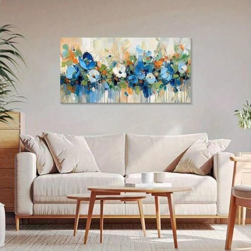 Peinture de paysage de fleurs bleues sur toile premium décoration 30x60cm