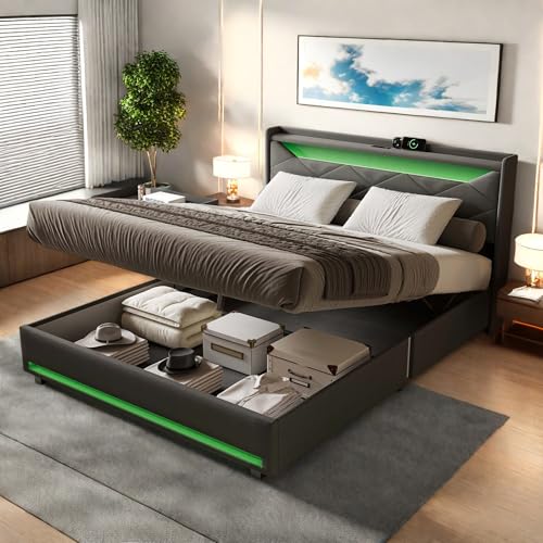 Bett 140x200, Polsterbett Doppelbett mit LED-Kopfteil and USB-C, Bett mit Stauraum, Hydraulisch Stauraumbett Boxspringbett mit Bettkasten, Bettgestell mit Lattenrost, Leinen, Ohne Matratze, Grau Bett 140x200, Polsterbett Doppelbett mit LED-Kopfteil and USB-C, Bett mit Stauraum, Hydraulisch Stauraumbett Boxspringbett mit Bettkasten, Bettgestell mit Lattenrost, Leinen, Ohne Matratze, Grau