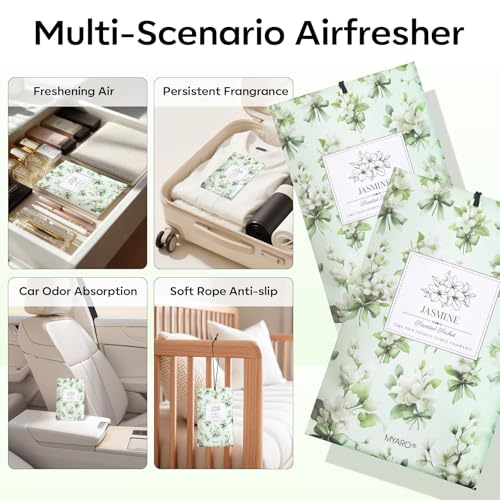 Image of MYARO 20 Pack Jasmine Scented Sachets - Fresh Drawer & Closet Air Freshener Bags, Odor Eliminator for Bathroom, Lingerie Drawers, Car & Travel