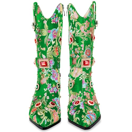 Image of LOCERICH Women Rhinestone Cowboy Sparkly Cowgirl Boots Diamond Western Floral Embroidery Mid Calf Booties