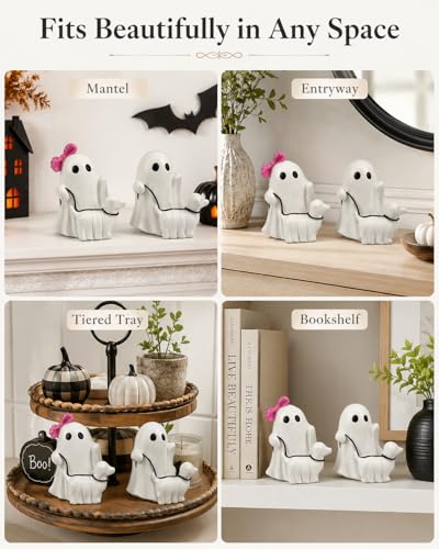 Halloween Ghost Walking Dog Figurines, Resin Statues with Pink Bow, Cute Spooky Tabletop Decor for Shelf, Mantel, Tiered Tray, Entryway, Home Decorations Gift for Dog Lovers (Ghost Walking Dog) - image 2