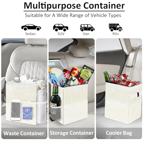 Image of Cute Mini Car Trash Bag with Lid, Glitter Garbage Can Bin Hanging for Back /Front Seat /Console, Waterproof, Leakproof, 2.5 Gallon, Beige Cream Bling Sparkly
