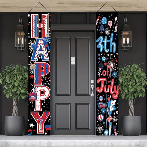 Image of BlissYard 4th of July Decorations 2Pcs Patriotic Decor Door Banner American Flag USA Banners Hanging Porch Signs for Memorial Veterans Labor Independence Day for Front Decor Yard Indoor Outdoor Supplies