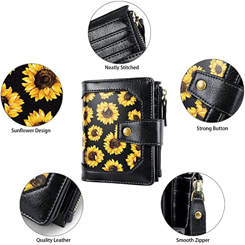 Image of Small Wallet for Women Leather Bifold RFID Blocking Zipper Pocket ID Window Womens Card Holder Case,Sunflower