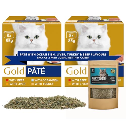 Gourmet Wet Cat Food Bundle | Pate Recipes with Ocean Fish Liver Turkey and Beef Flavours | 16 x 85g Tins + Papa Lima Pure Canadian Catnip | Pack of 2 for Happy Healthy Cats