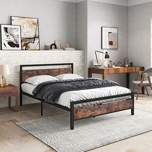 JURMERRY Queen Size Metal Bed Frame with Wooden Headboard and Footboard Heavy Duty Steel Mattress Foundation / Rustic Country Style / Easy Assembly, Black JURMERRY Queen Size Metal Bed Frame with Wooden Headboard and Footboard Heavy Duty Steel Mattress Foundation / Rustic Country Style / Easy Assembly, Black